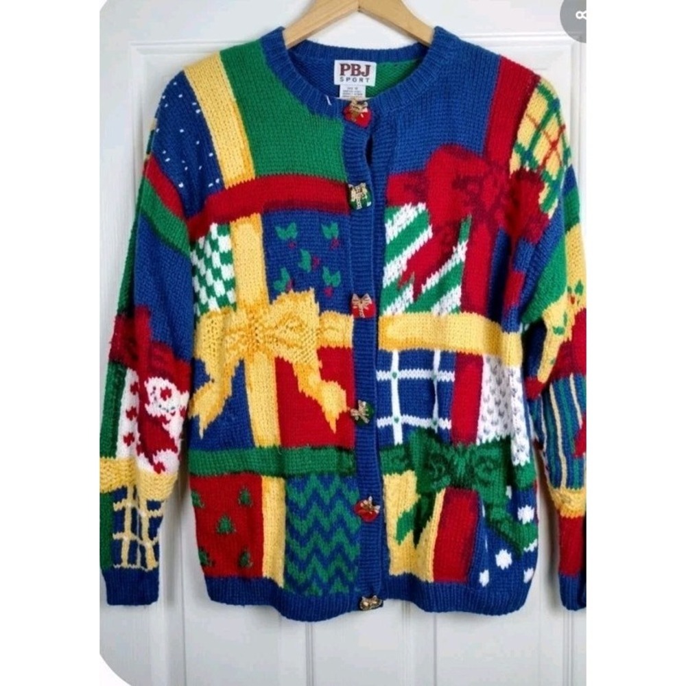 VTG PBJ Sport Christmas Sweater Cardigan Wrapped Presents Gift Bows Medium Crew